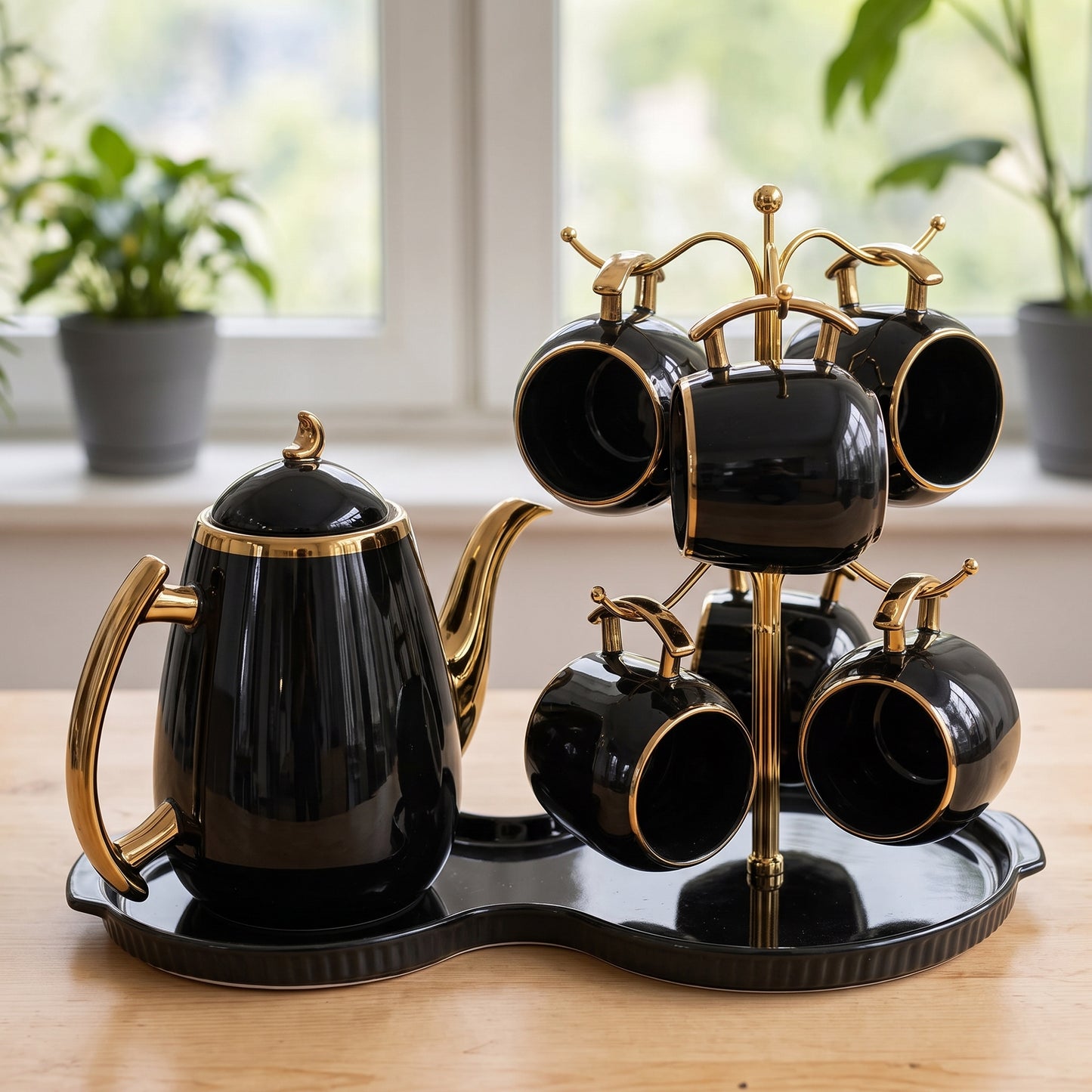 Royal Revolving Ceramic Tea Set with 6 Cups, Teapot, and Stand