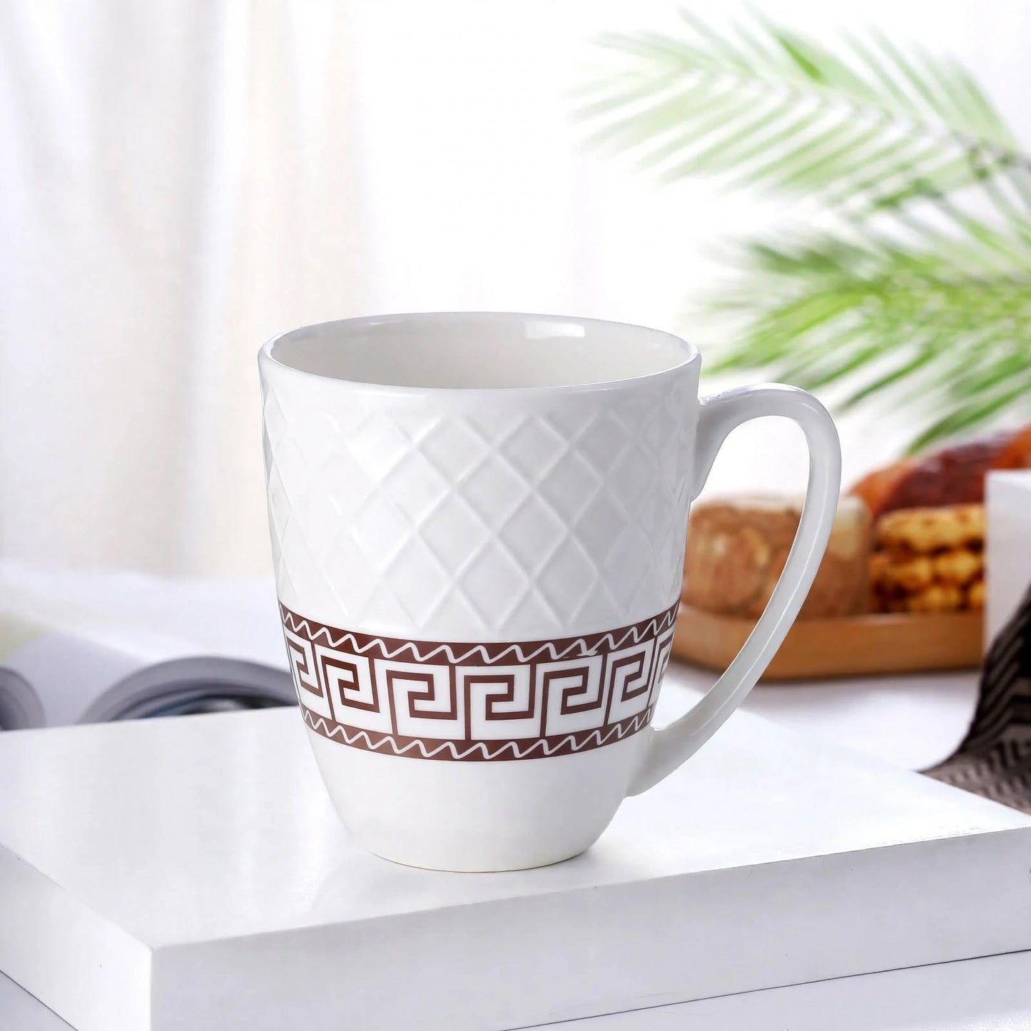 Classic Greek Key Ceramic Mug – 350ml Embossed Diamond Lattice Porcelain Coffee and Tea Cup