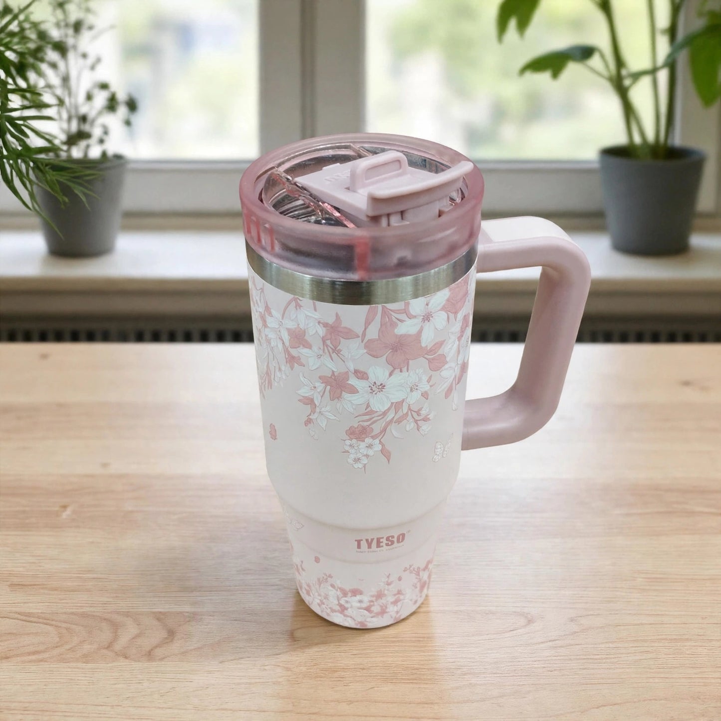 Authentic TYESO 30oz (900ML) Aura Floral Blush Collection Vacuum Insulated Tumbler Mug with Handle - Cherry Blossom Pink