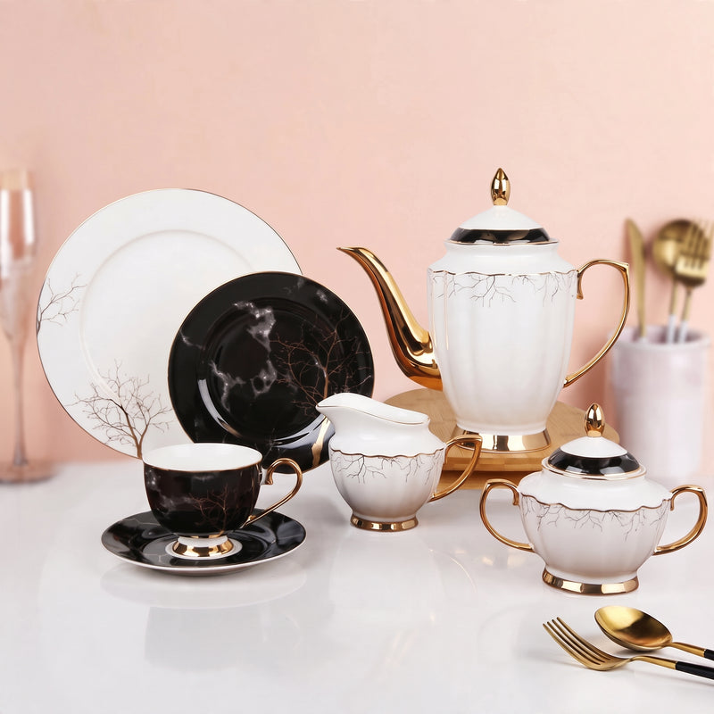Luxury Gold Line 24-Piece Ceramic Tea & Coffee Set
