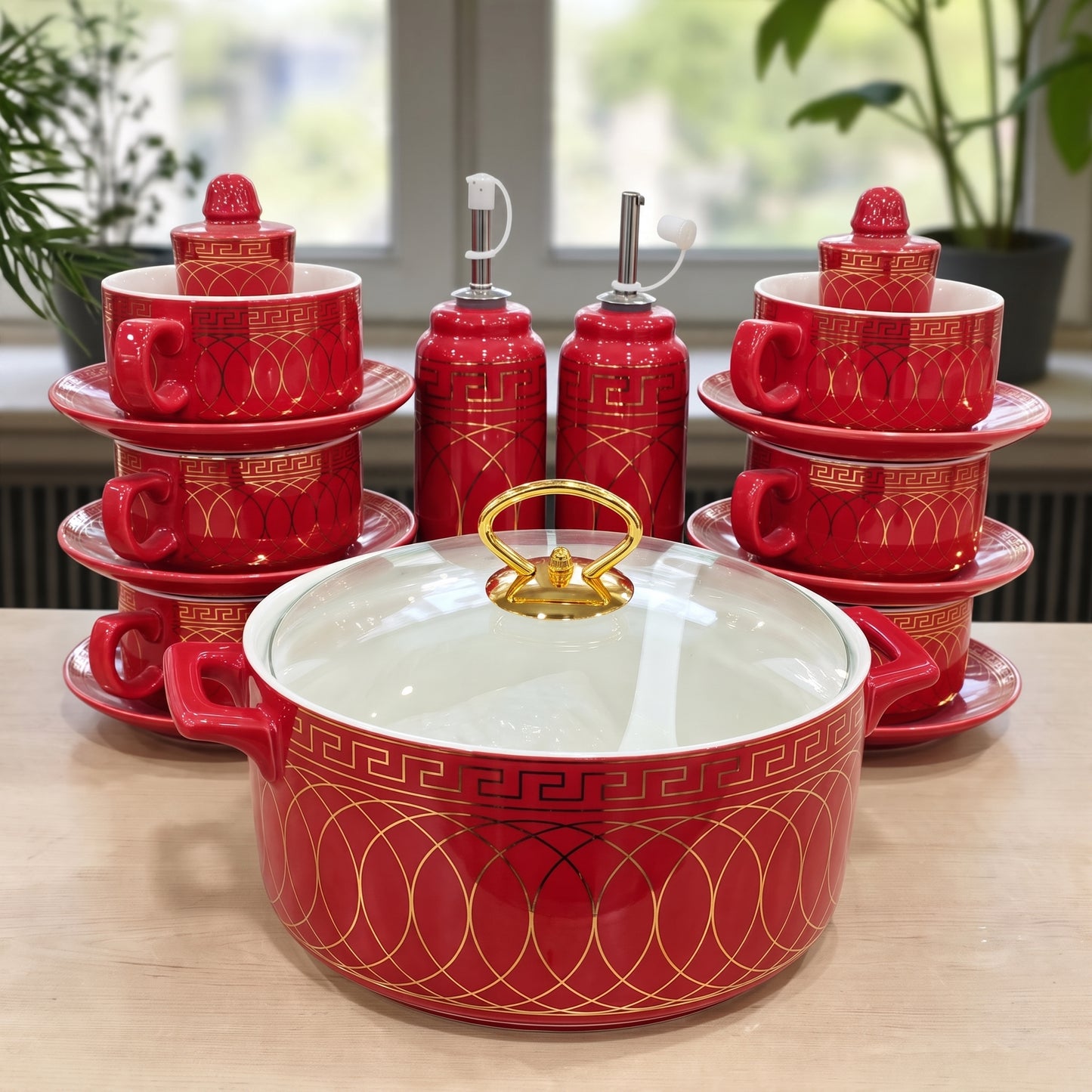 Luxury 25 Pcs Red & Gold Ceramic Soup Set with Casserole