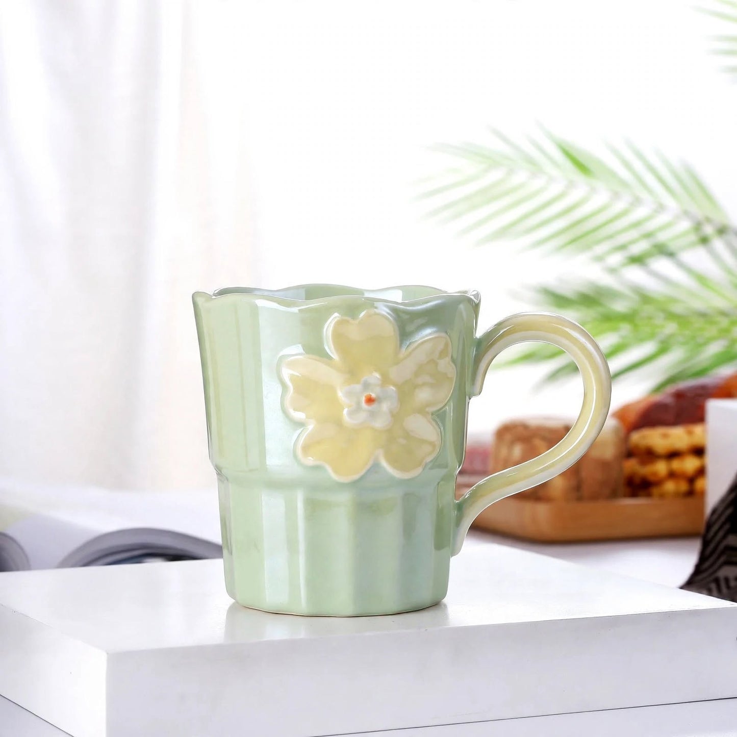 Cute 3D Flower Ceramic Mug – 360ml Pearlescent Sage Green Coffee Cup with Scalloped Wavy Rim