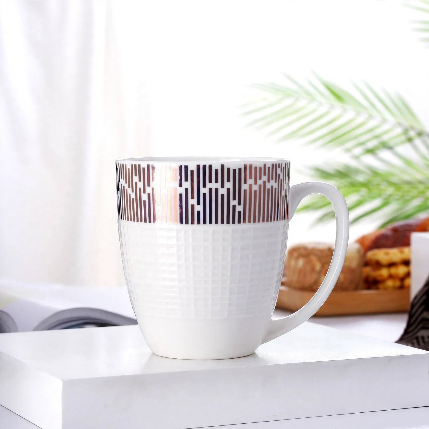 Modern Geometric Stripe Ceramic Mug – 350ml Embossed Checkerboard Porcelain Coffee and Tea Cup
