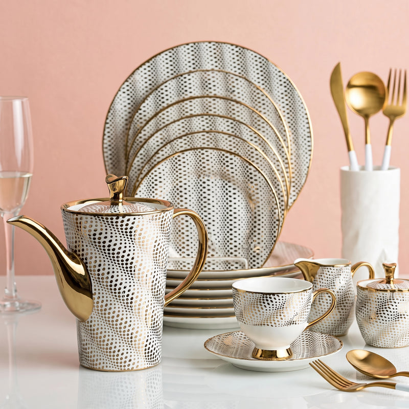 Luxury White & Gold Optical Dot 24-Piece Dinner and Tea Serving Set