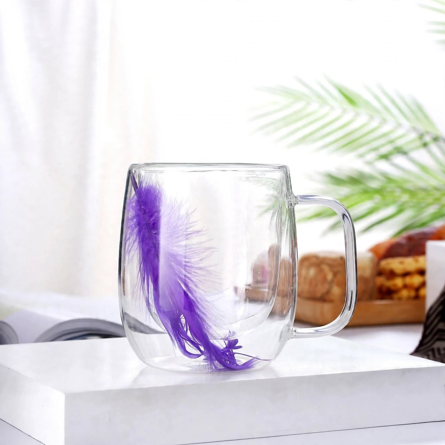 Double Wall Glass Mug with Floating Purple Feather – Insulated Creative Coffee and Tea Cup with Handle