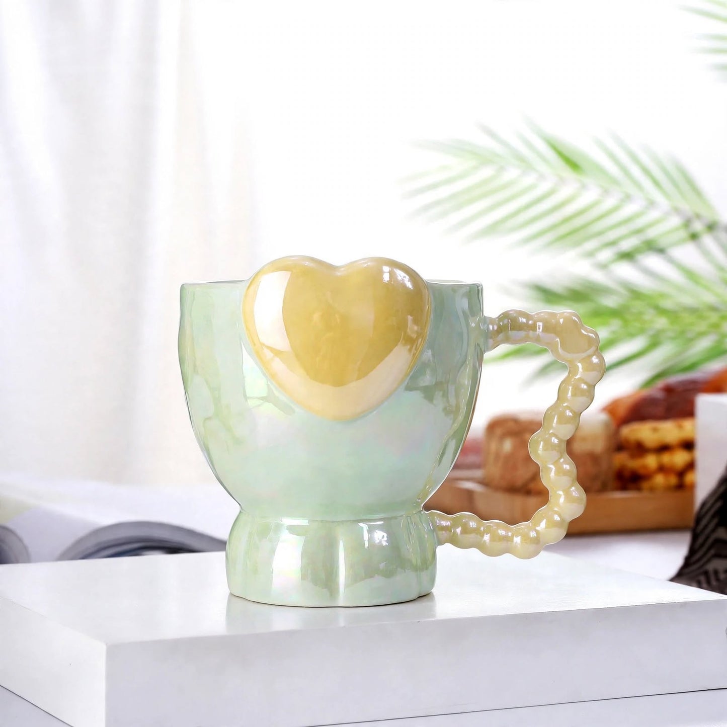 Charming 3D Heart Ceramic Mug – 450ml Iridescent Pastel Green Coffee Cup with Bubble Wave Handle