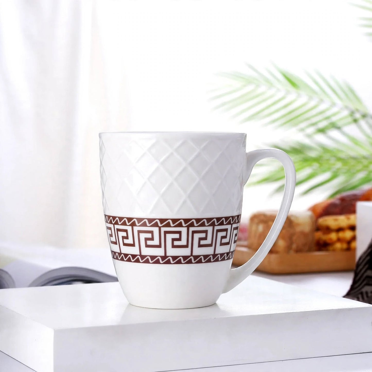 Classic Greek Key Ceramic Mug – 350ml Embossed Diamond Lattice Porcelain Coffee and Tea Cup