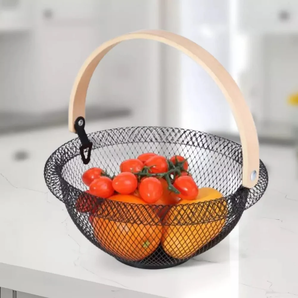 Nordic Matte Black Metal Wire Fruit Basket – Decorative Round Mesh Storage Bowl with Foldable Wooden Handle