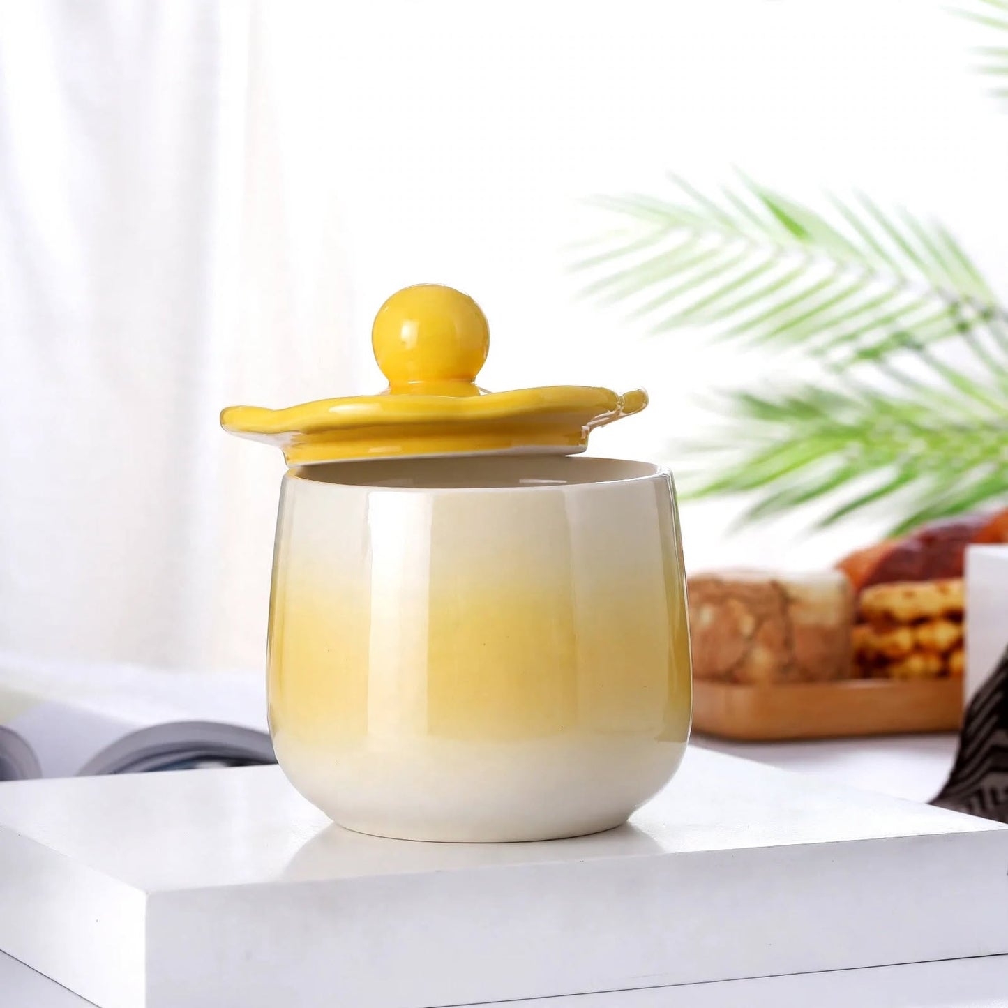 Creative Gradient Ceramic Mug with Flower Lid – 380ml Iridescent Yellow Coffee and Tea Cup