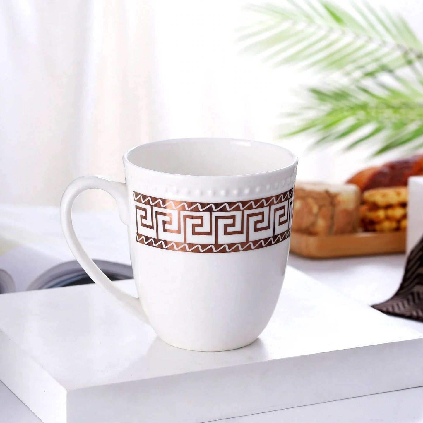 Elegant Greek Key Ceramic Mug – 350ml Embossed Beaded Rim Porcelain Coffee and Tea Cup