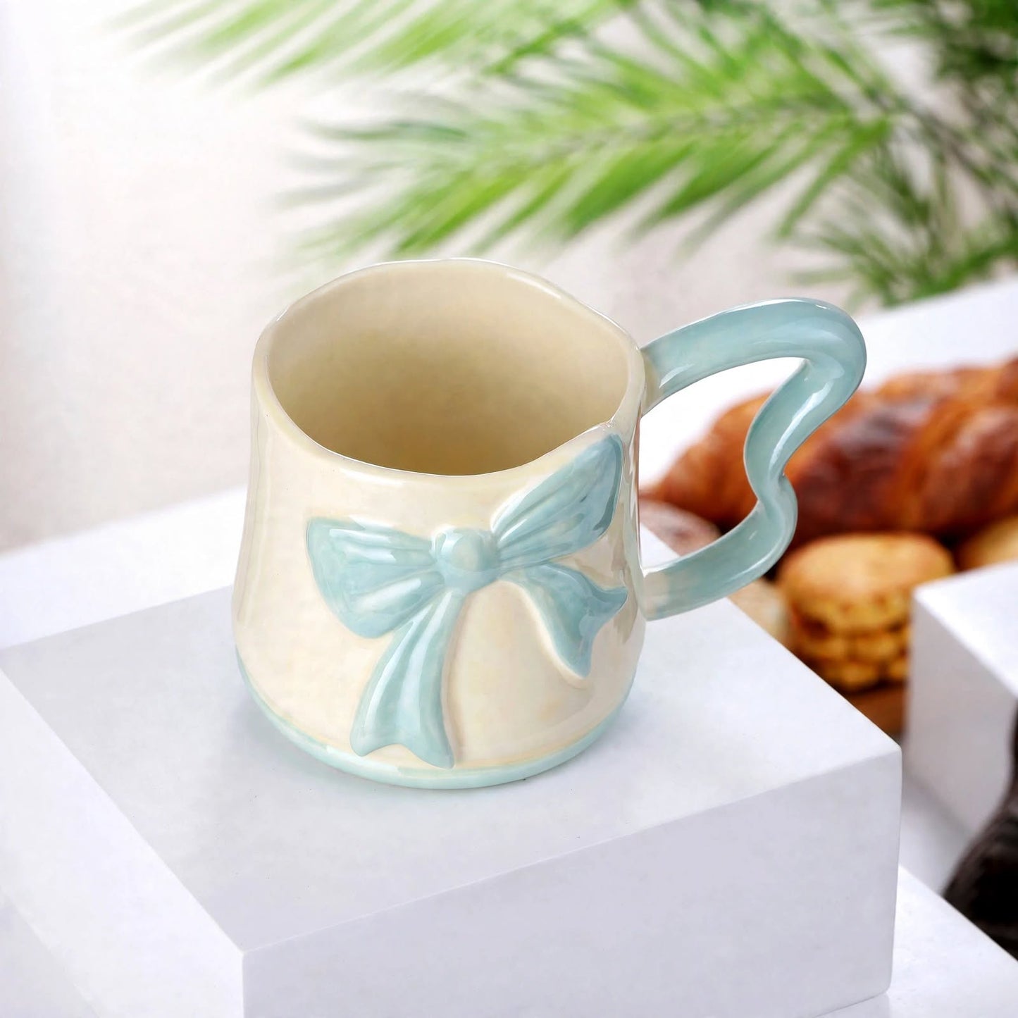 Cute 3D Ribbon Bow Ceramic Mug – 350ml Pearlescent Blue Coffee Cup with Heart-Shaped Handle