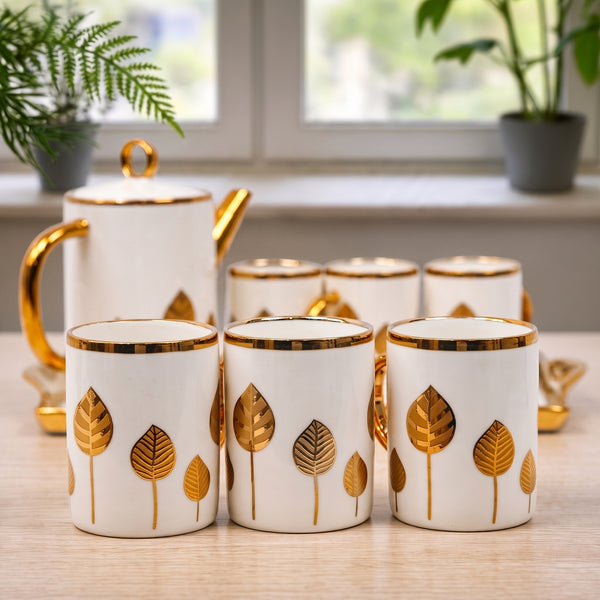 Luxury Golden Leaf Ceramic Tea Set with Matching Serving Tray