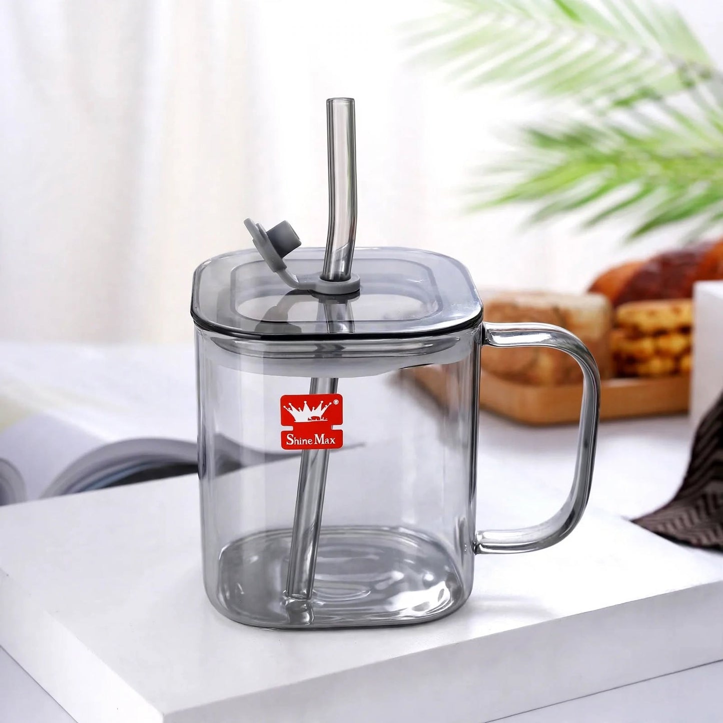 Shine Max Glass Tumbler with Lid and Straw – 450ml Smoked Glass Coffee Mug with Handle
