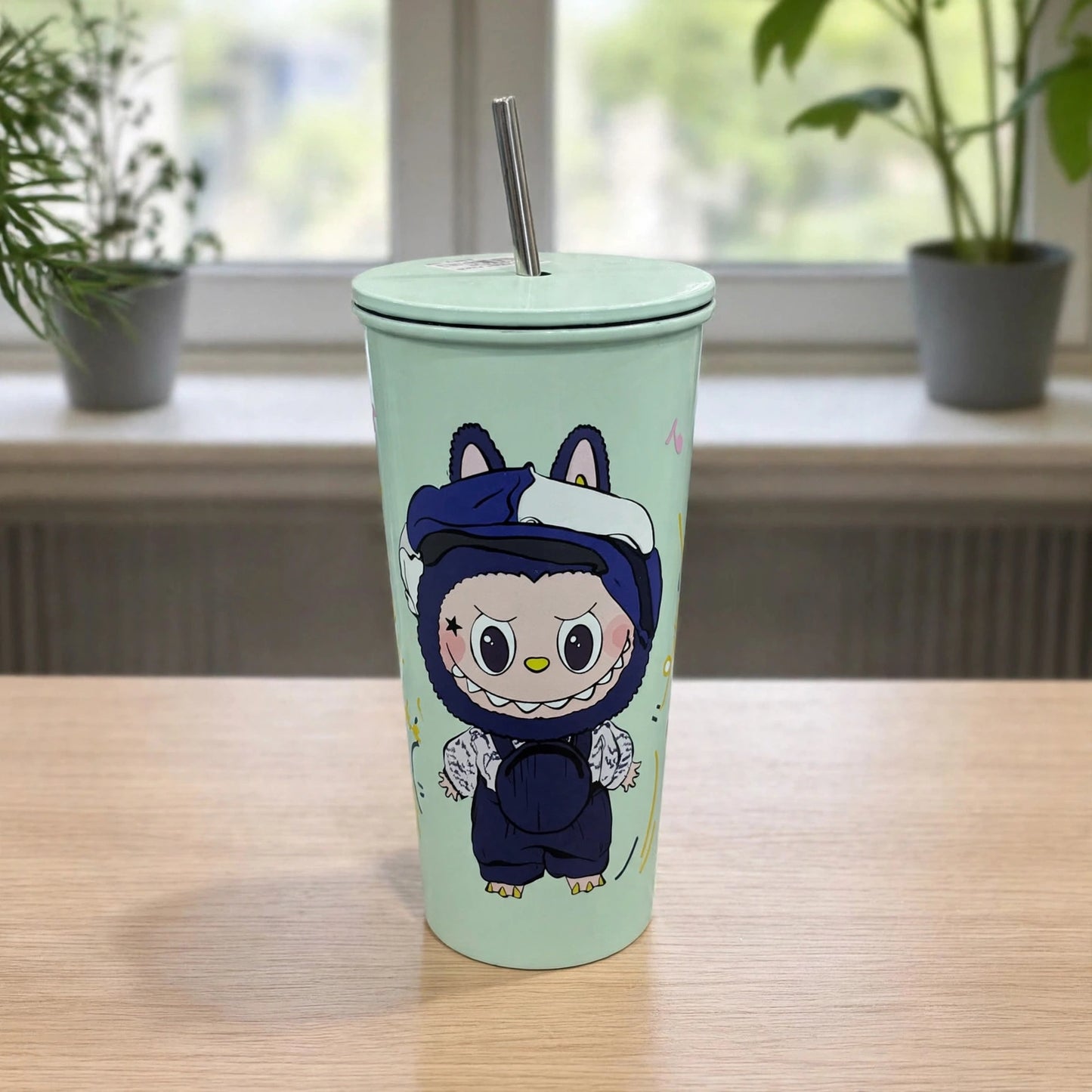 Pop Mart Labubu Monster Overalls Mint Green 24oz (700ML) Insulated Stainless Steel Tumbler with Metal Straw