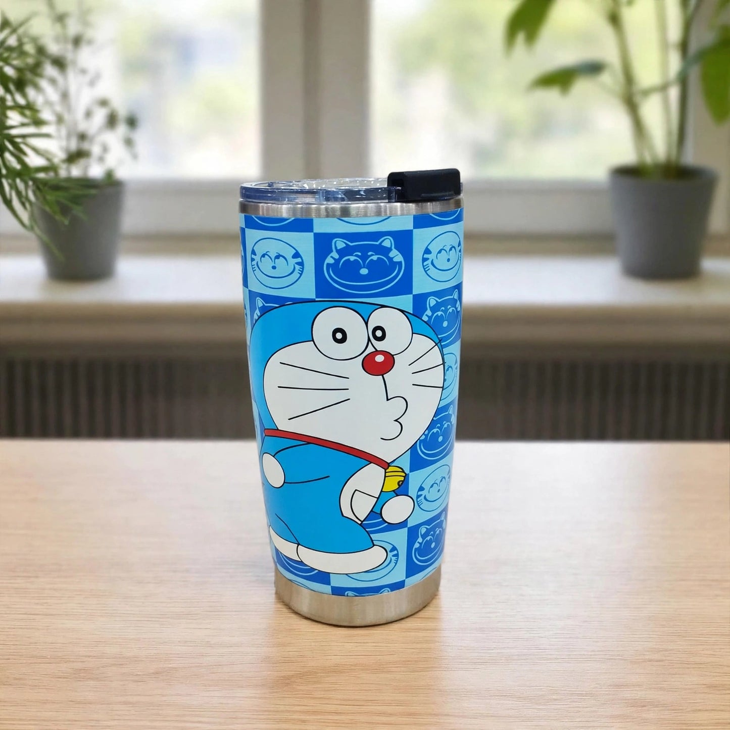 Doraemon Checkerboard Anime 20oz (600ML) Insulated Stainless Steel Travel Tumbler with Flip Lid - Blue