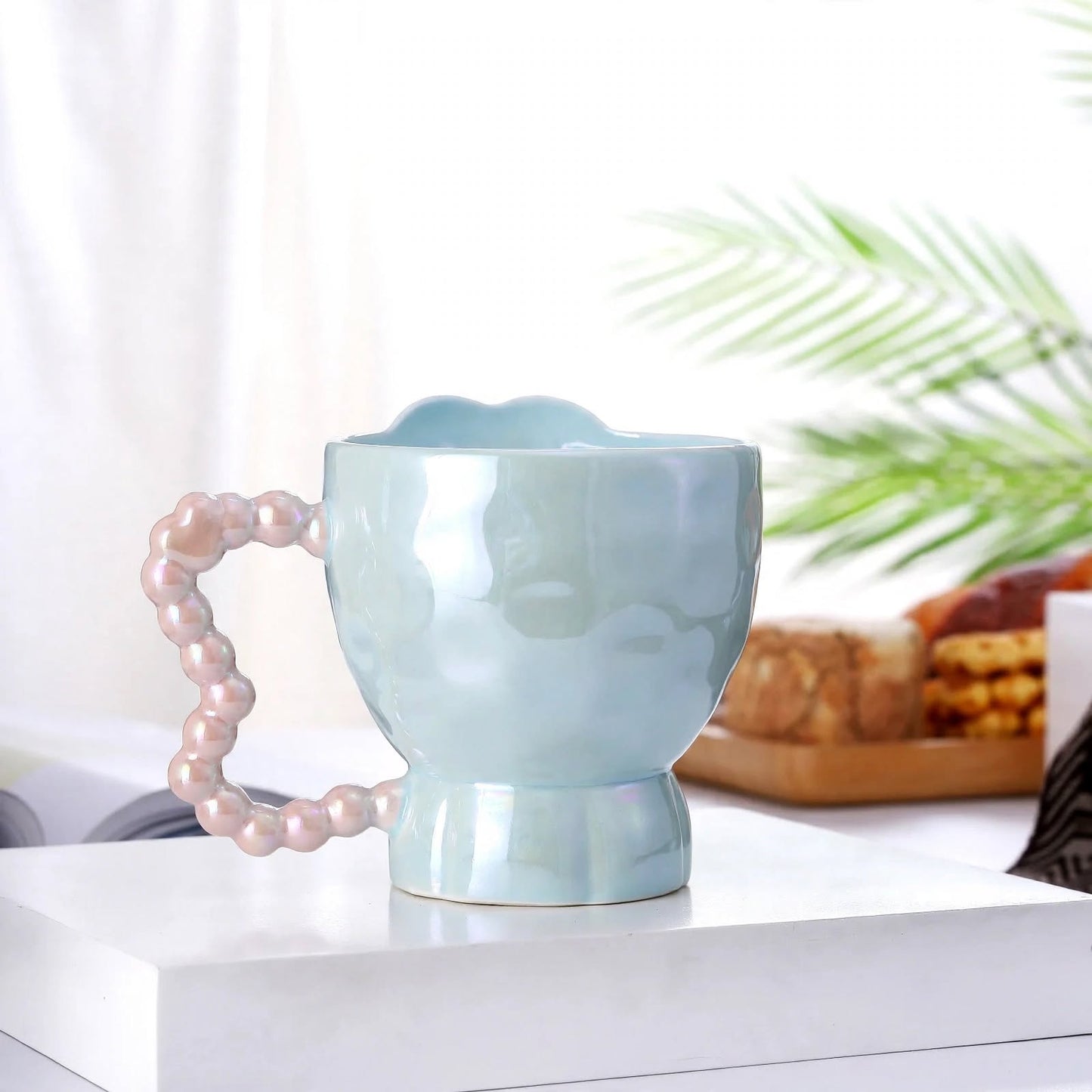 Cute 3D Heart Ceramic Mug – 350ml Pearlescent Blue Coffee Cup with Pink Beaded Bubble Handle