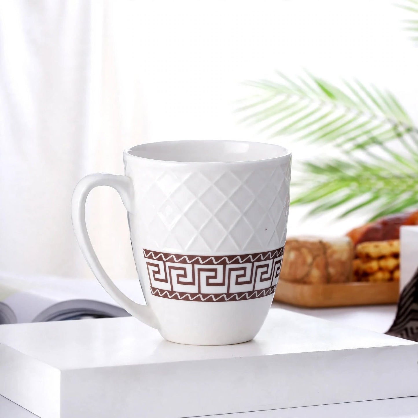 Classic Greek Key Ceramic Mug – 350ml Embossed Diamond Lattice Porcelain Coffee and Tea Cup