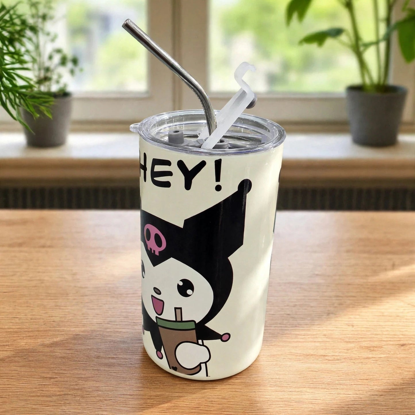 Kawaii Sanrio Kuromi "HEY!" 20oz (600ML) Insulated Stainless Steel Tumbler with Metal Straw - Off White