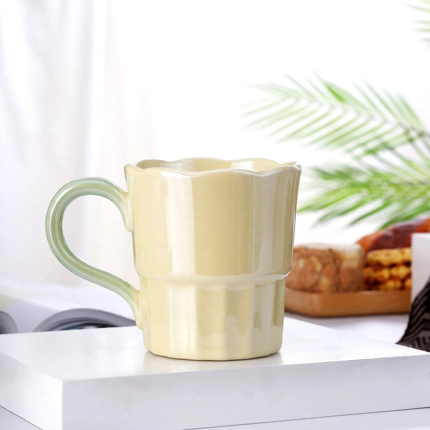 Cute 3D Flower Ceramic Mug – 360ml Pearlescent Butter Yellow Coffee Cup with Scalloped Wavy Rim