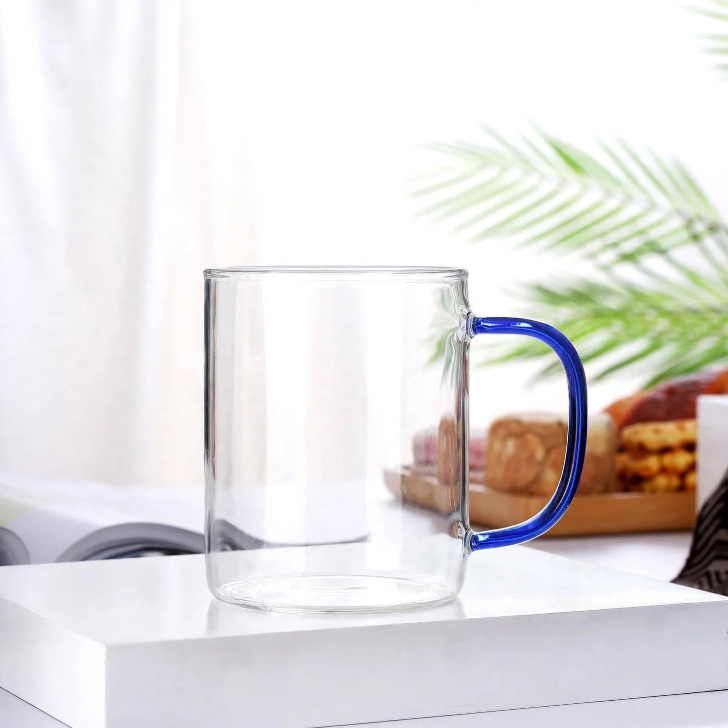 Minimalist Clear Borosilicate Glass Mug – 400ml Heat-Resistant Coffee and Tea Cup with Cobalt Blue Handle
