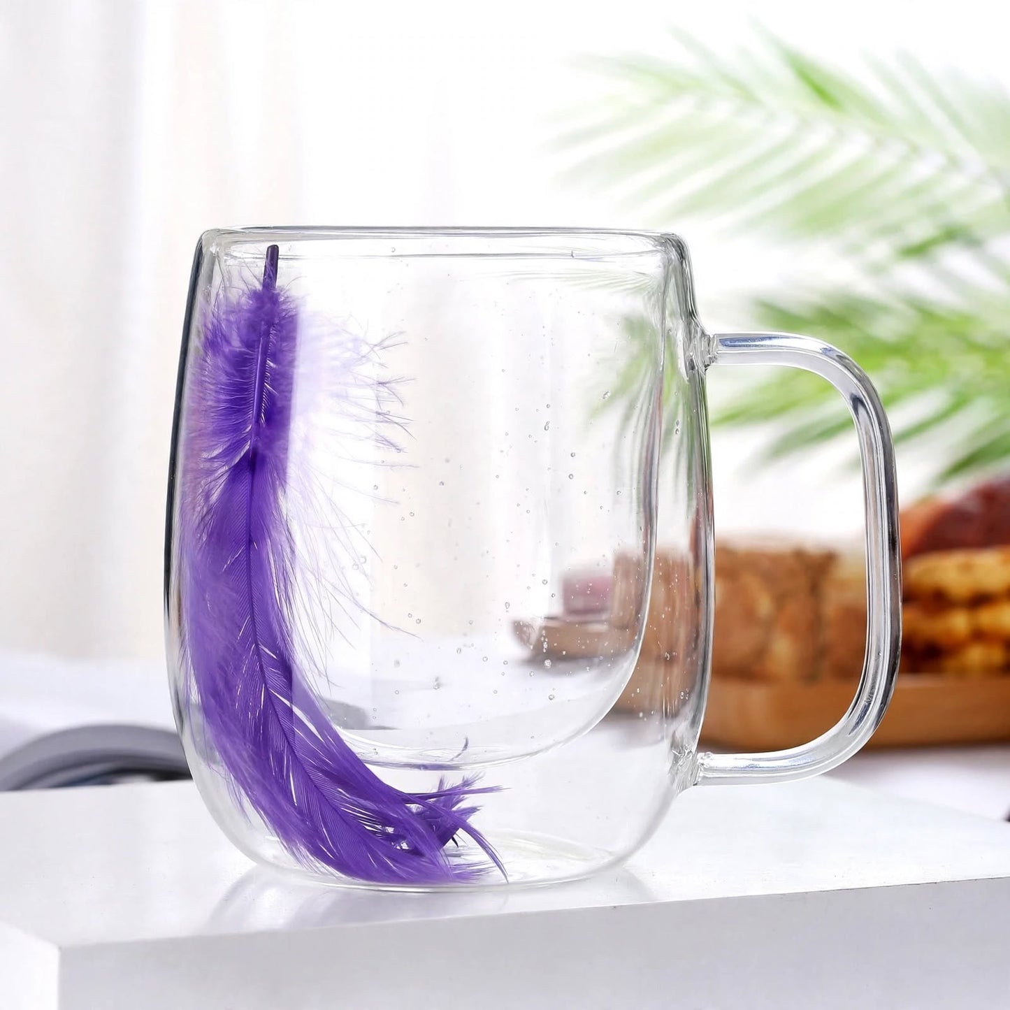 Double Wall Glass Mug with Floating Purple Feather – Insulated Creative Coffee and Tea Cup with Handle