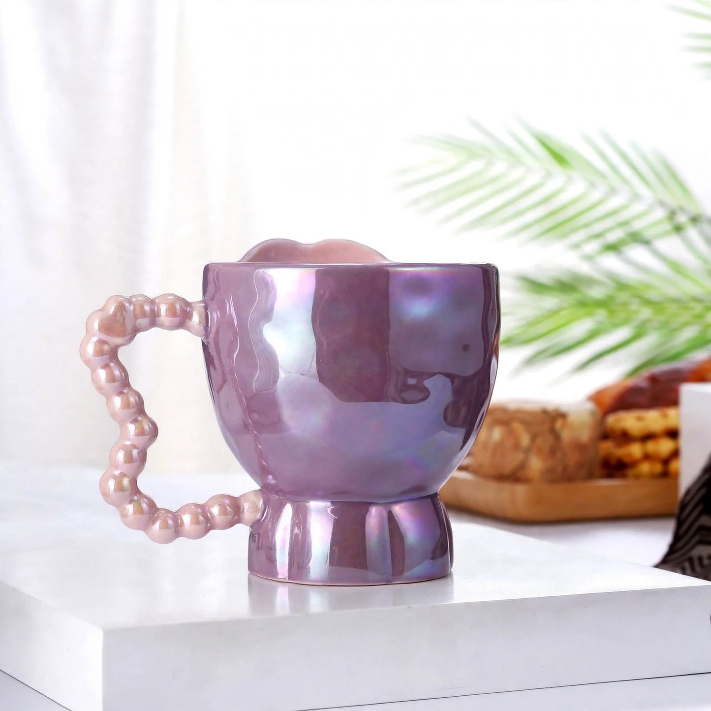 Cute 3D Heart Ceramic Mug – 350ml Pearlescent Purple Coffee Cup with Pink Beaded Bubble Handle