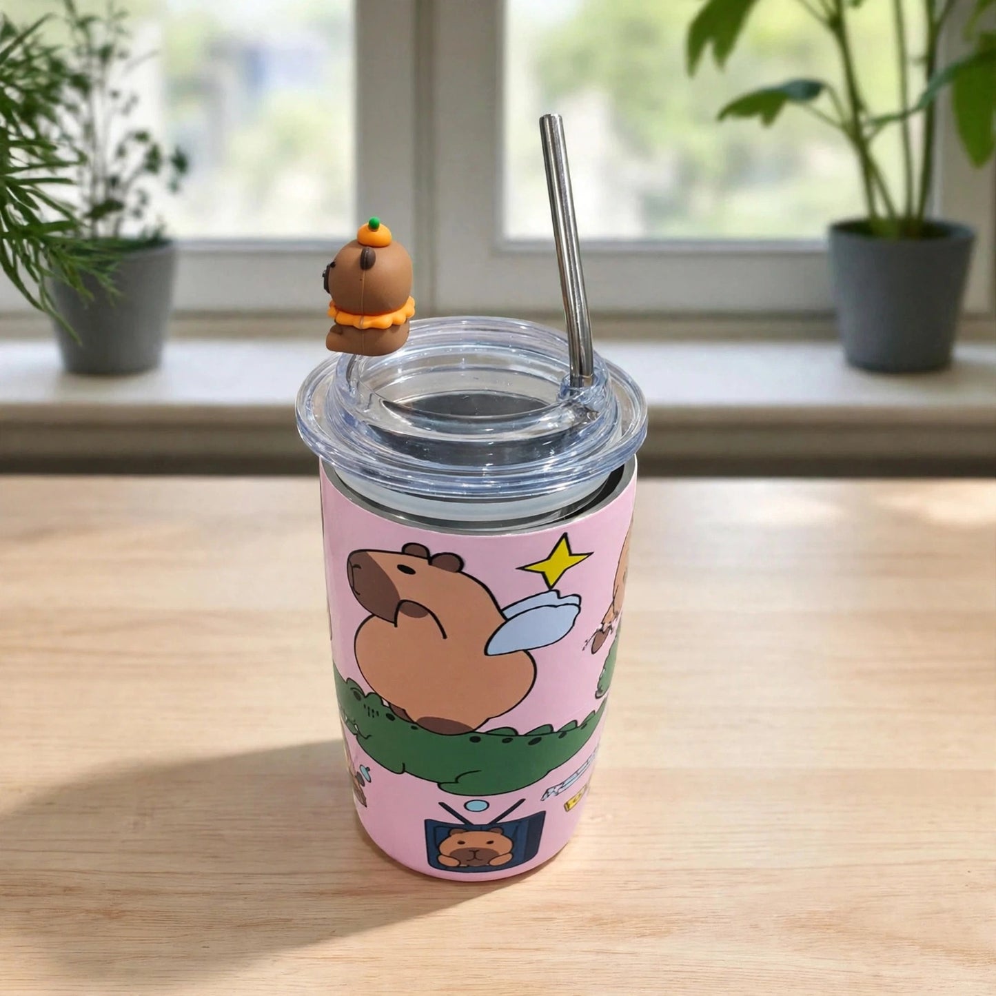 Capybara 500ml Stainless Steel Tumbler with Straw & 3D Topper - Pink