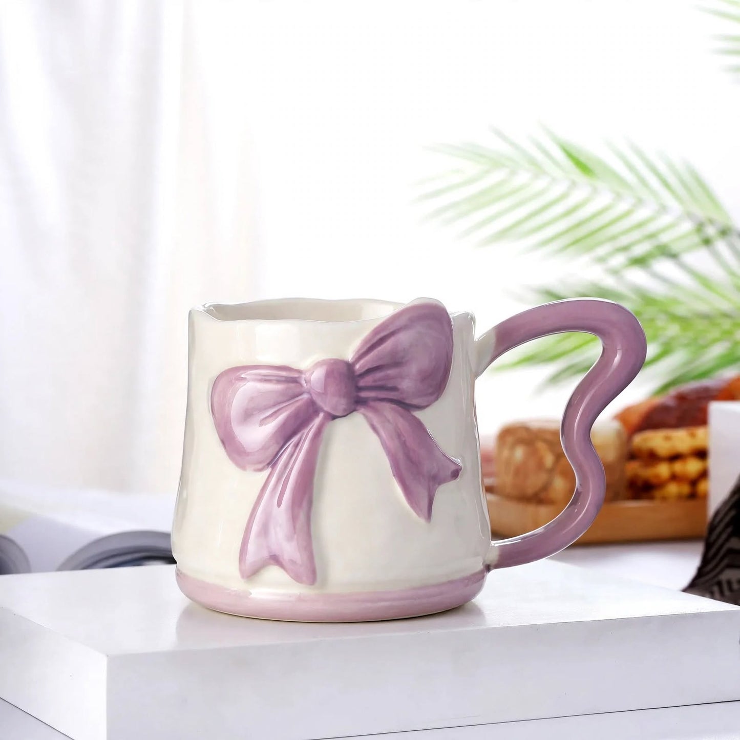 Cute 3D Ribbon Bow Ceramic Mug – 350ml Pearlescent Purple Coffee Cup with Heart-Shaped Handle