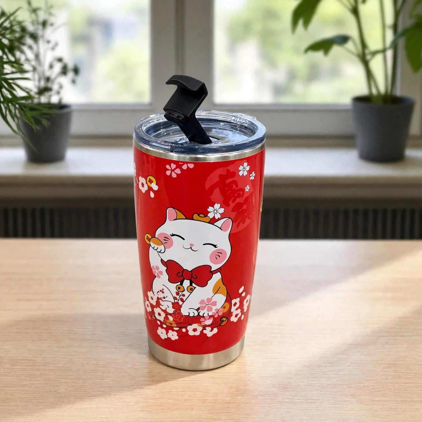 Japanese Maneki-Neko Lucky Cat 20oz (600ML) Insulated Stainless Steel Tumbler - Festival Red
