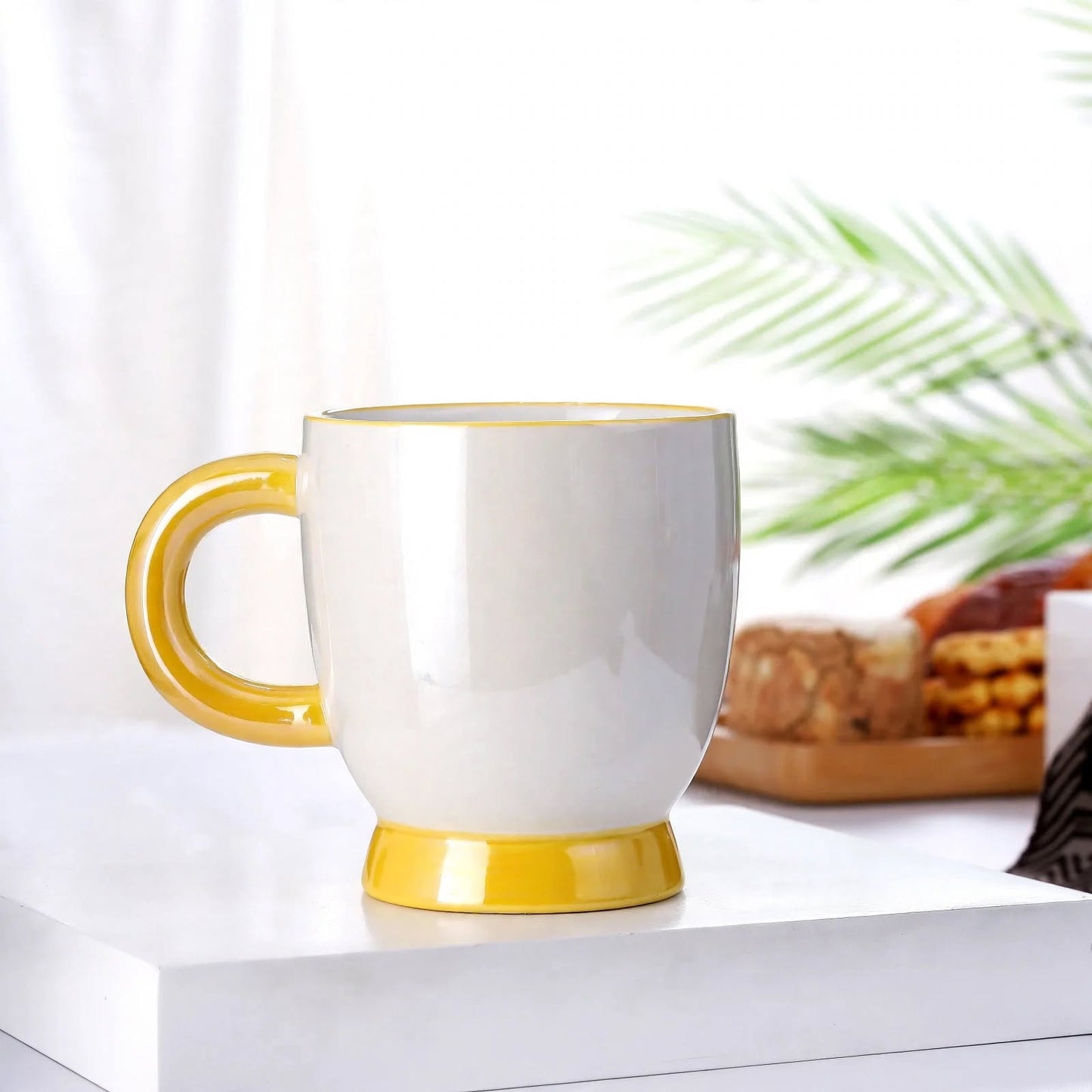 Cute 3D Ribbon Bow Ceramic Mug – 400ml Pearlescent Yellow Pedestal Coffee Cup with Pearl Luster Glaze