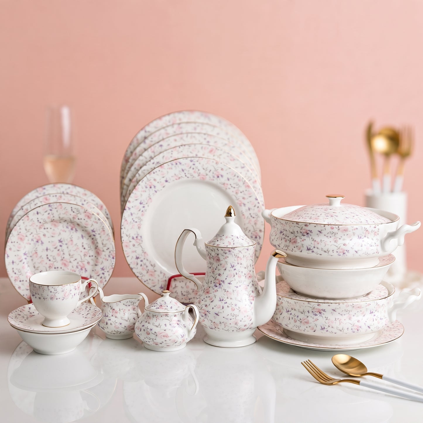 61-Piece Pink Floral Bone China Dinner Set - 8 Person