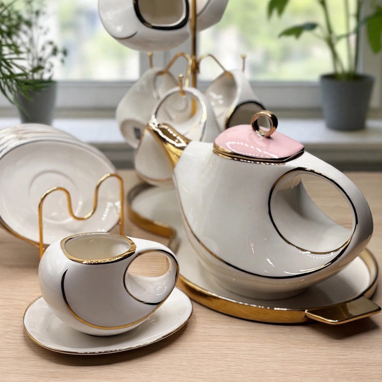 Blush Blossom Tea Set - Luxury 16-Piece White, Pink & Gold Ceramic Set with Stand