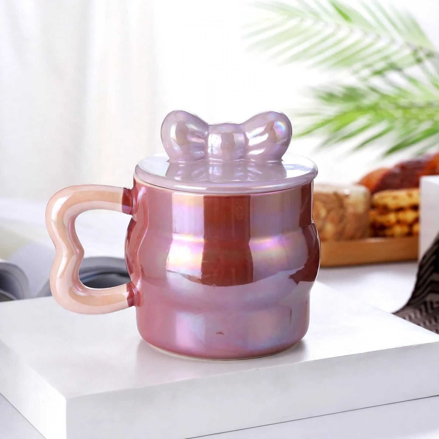 Cute Pastel Purple Ceramic Mug with Bow Lid – 380ml Pearlescent Iridescent Coffee and Tea Cup with Heart Handle
