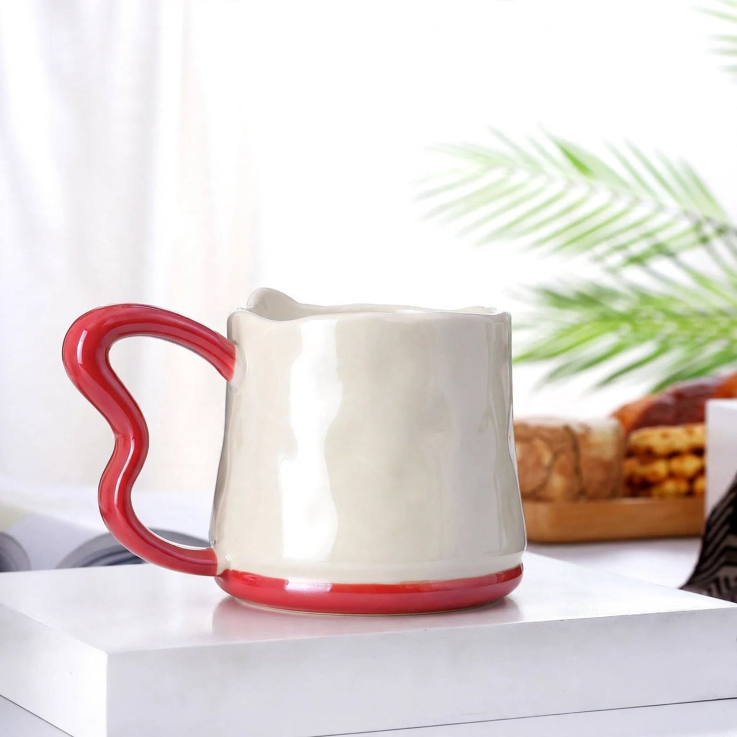 Cute 3D Ribbon Bow Ceramic Mug – 350ml Pearlescent Red Coffee Cup with Heart-Shaped Handle