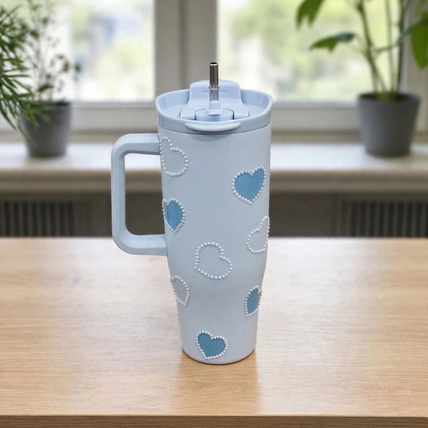 Aesthetic Pastel Blue Pearl Heart 24oz (700ML) Insulated Stainless Steel Tumbler with Straw - Coquette Edition