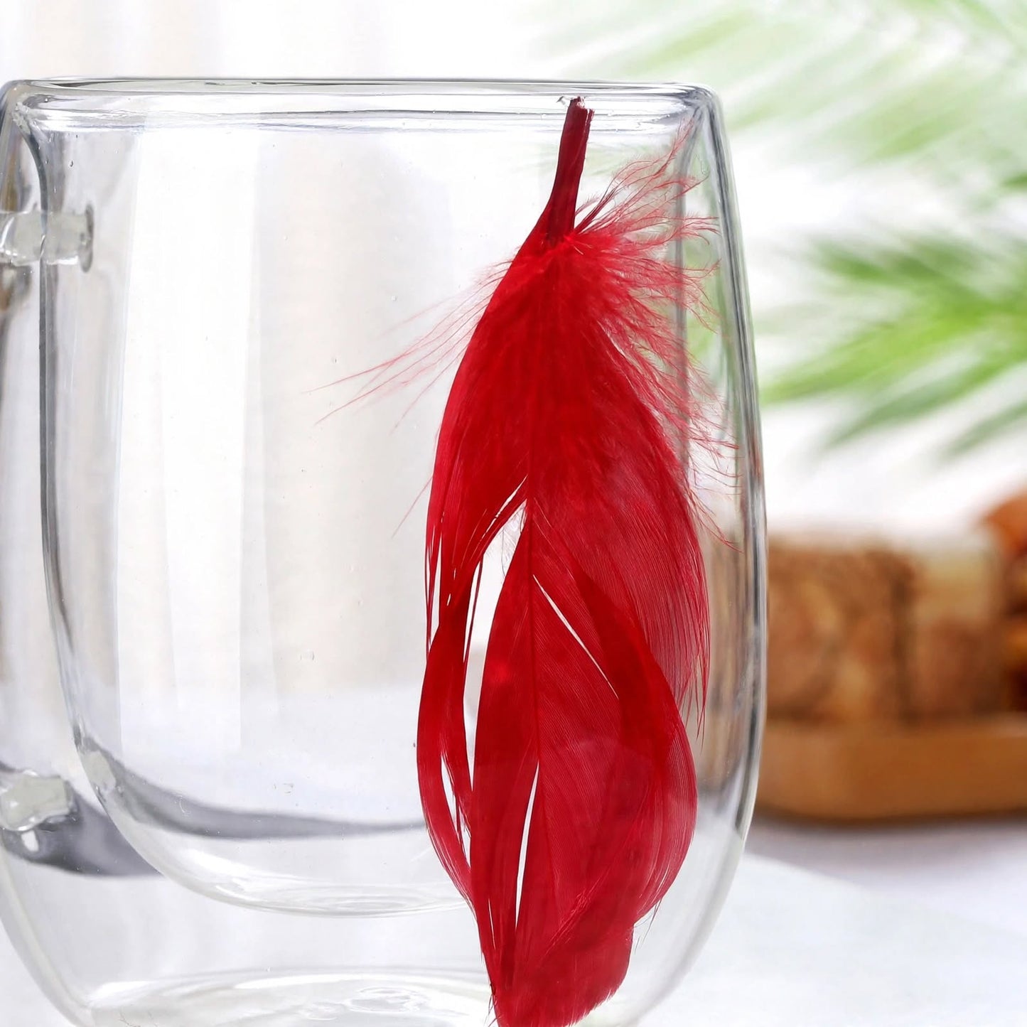 Double Wall Glass Mug with Floating Red Feather – Insulated Creative Coffee and Tea Cup with Handle