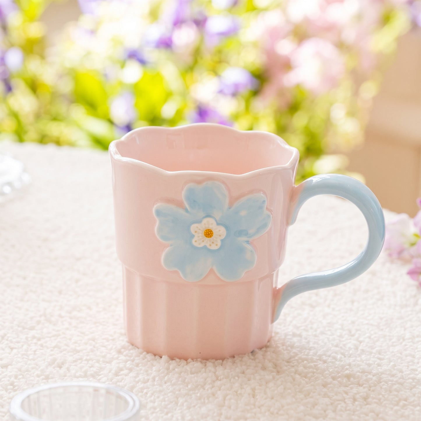 Cute 3D Flower Ceramic Mug – 360ml Pastel Pink Coffee Cup with Scalloped Wavy Rim and Blue Handle