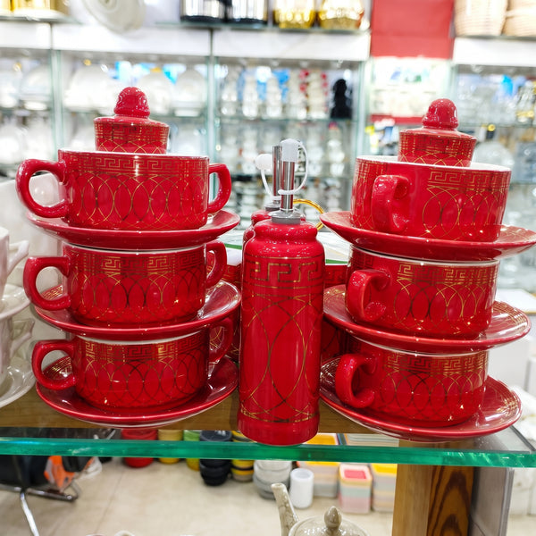Luxury 25 Pcs Red & Gold Ceramic Soup Set with Casserole