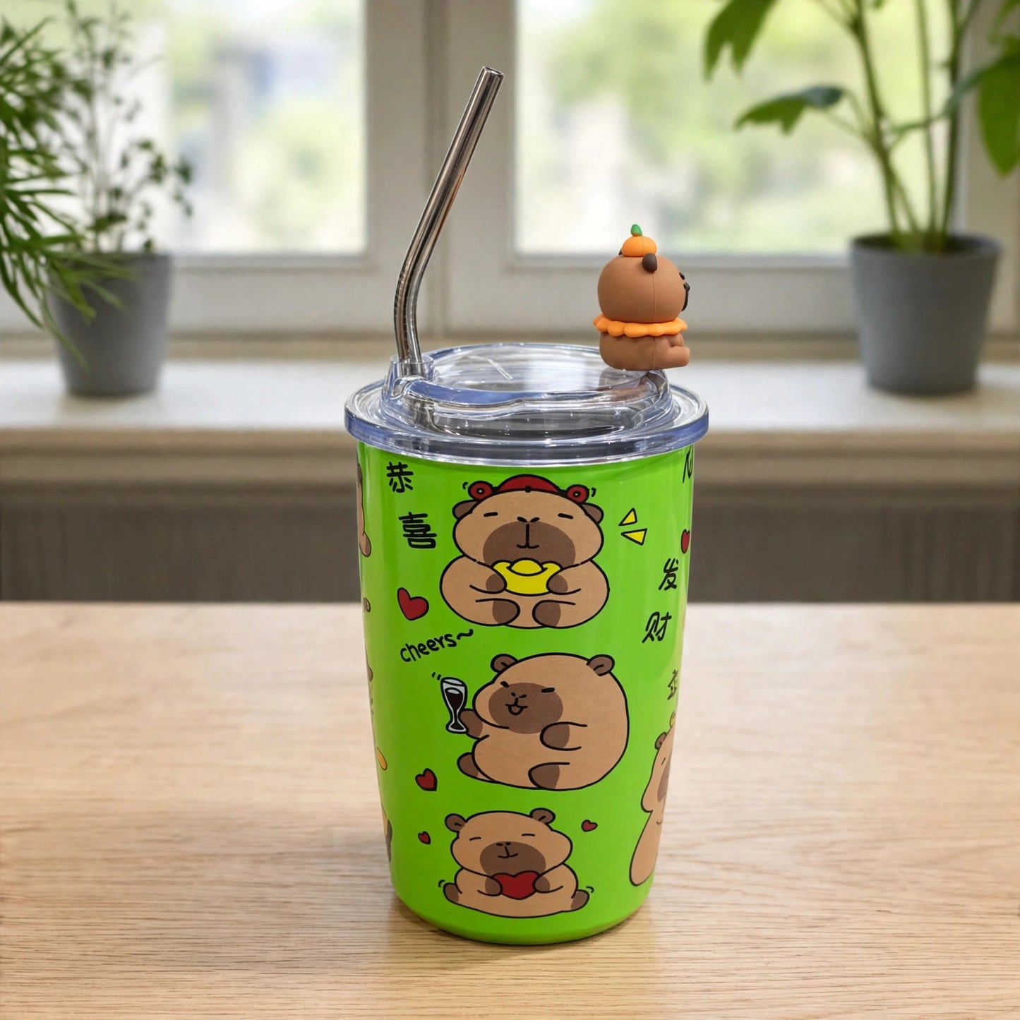 Kawaii Capybara Good Fortune Lime Green 20oz (600ML) Stainless Steel Insulated Tumbler with 3D Toy Figure & Metal Straw