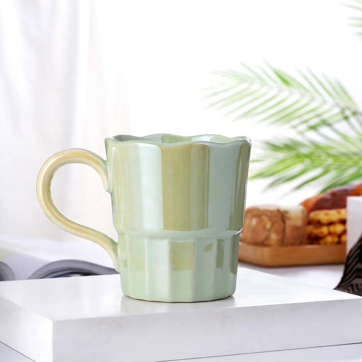 Cute 3D Flower Ceramic Mug – 360ml Pearlescent Sage Green Coffee Cup with Scalloped Wavy Rim