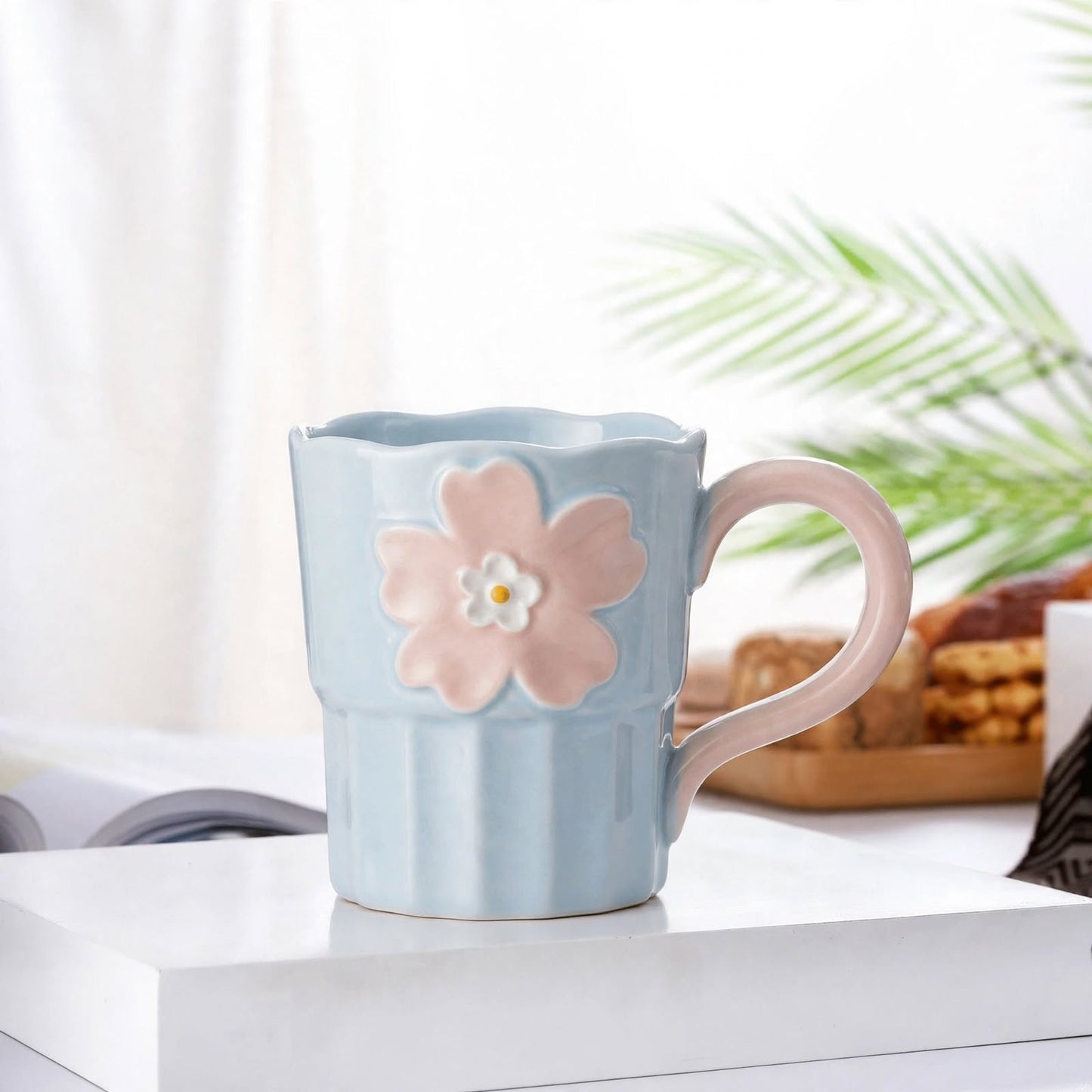 Cute 3D Flower Ceramic Mug – 360ml Pastel Blue Coffee Cup with Scalloped Wavy Rim and Pink Handle