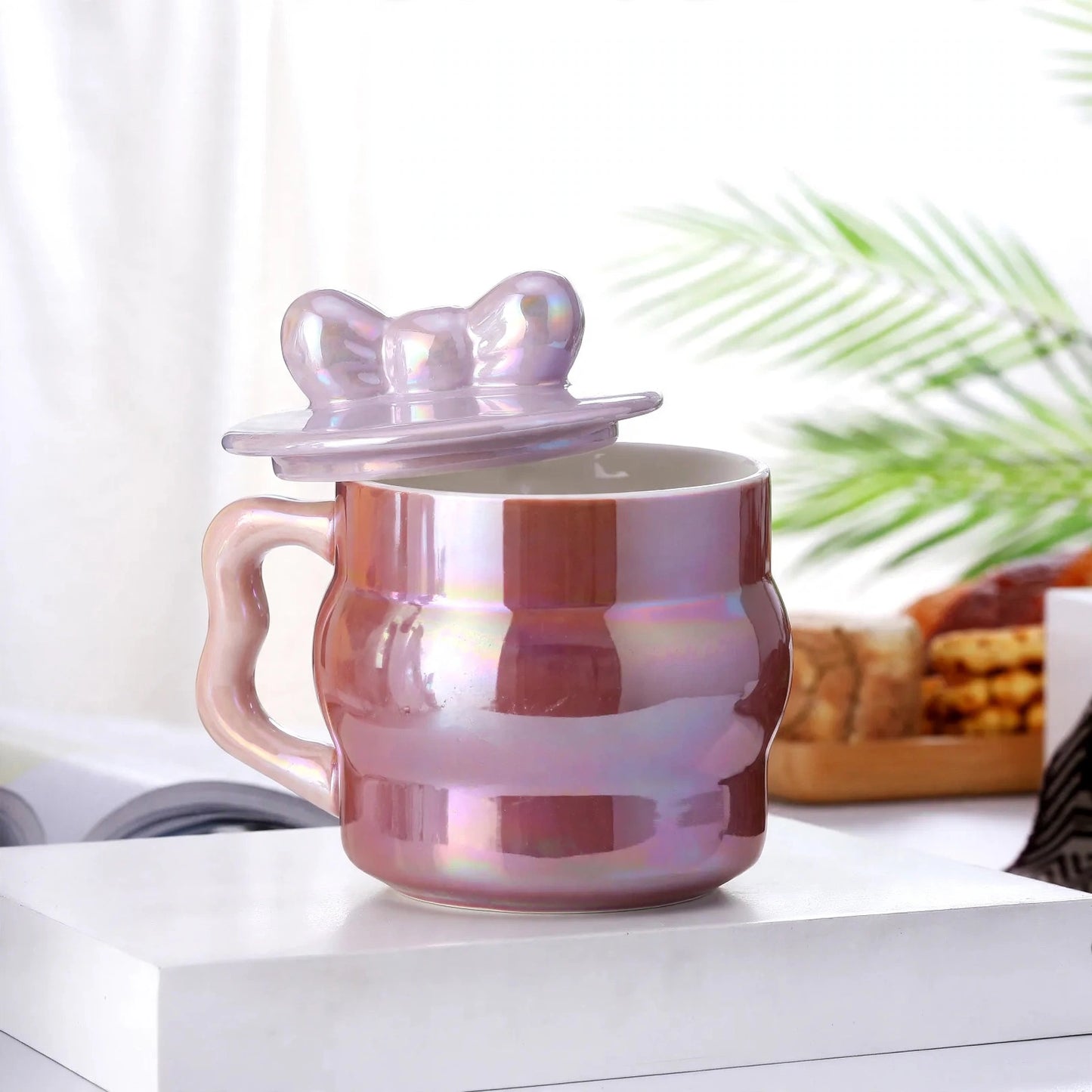 Cute Pastel Purple Ceramic Mug with Bow Lid – 380ml Pearlescent Iridescent Coffee and Tea Cup with Heart Handle