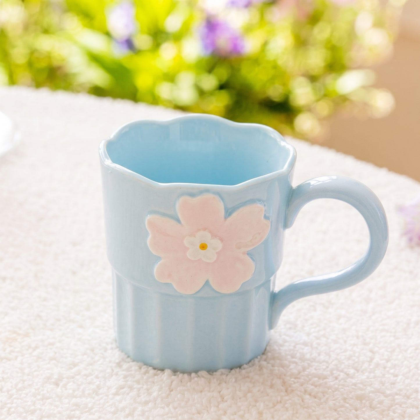 Cute 3D Flower Ceramic Mug – 360ml Pastel Blue Coffee Cup with Scalloped Wavy Rim and Pink Handle