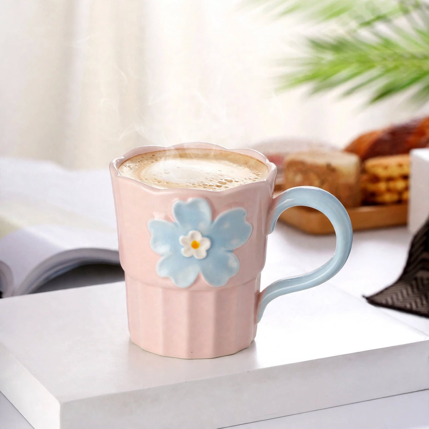 Cute 3D Flower Ceramic Mug – 360ml Pastel Pink Coffee Cup with Scalloped Wavy Rim and Blue Handle