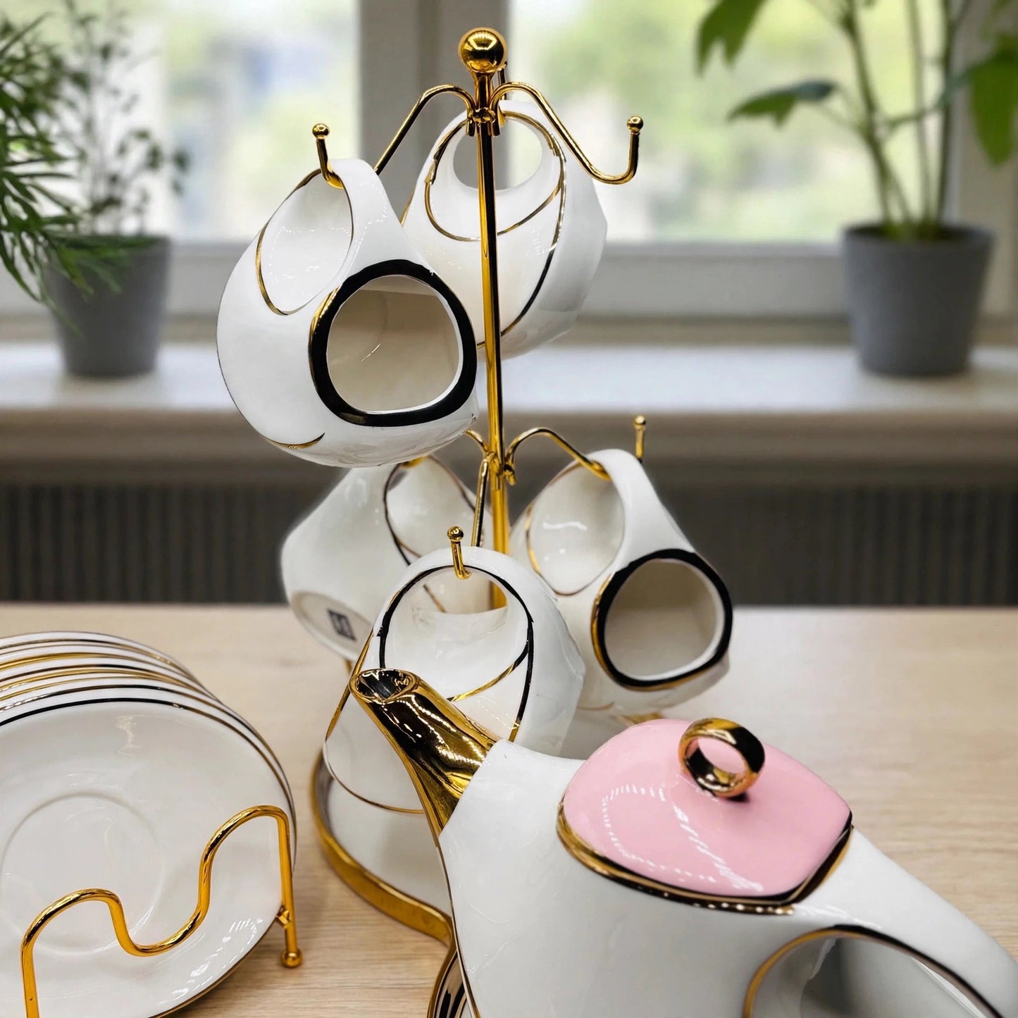 Blush Blossom Tea Set - Luxury 16-Piece White, Pink & Gold Ceramic Set with Stand