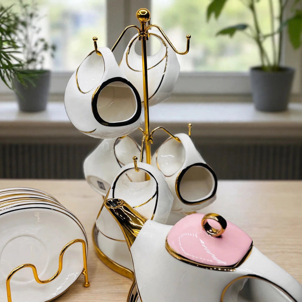 Blush Blossom Tea Set - Luxury 16-Piece White, Pink & Gold Ceramic Set with Stand
