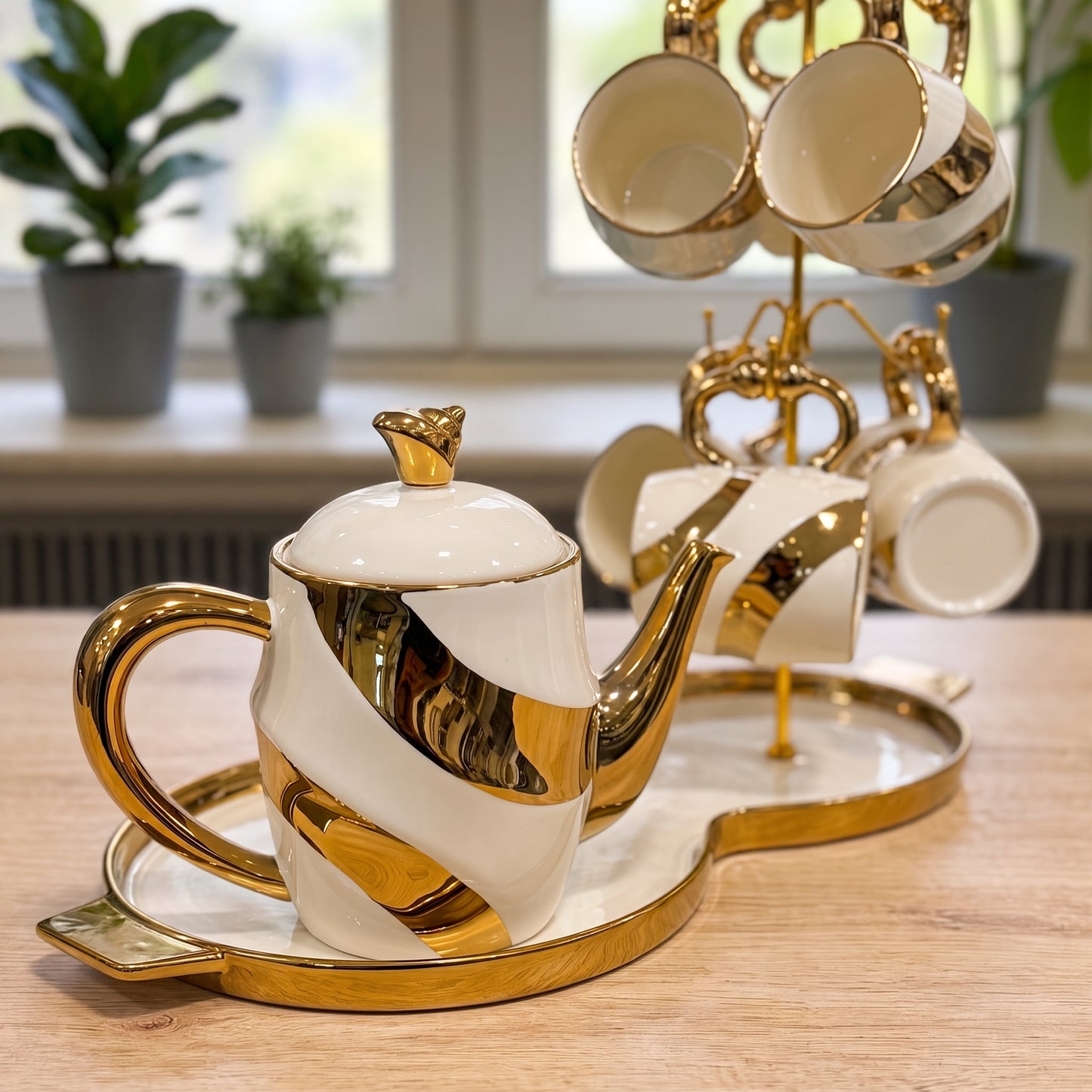 Luxury 15 Pcs Swirl Ceramic Tea Set with Tray & Stand