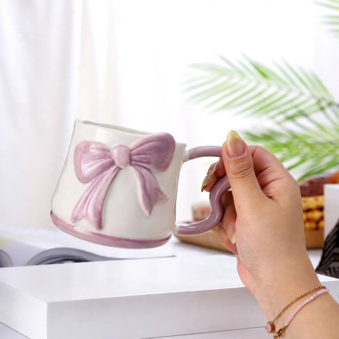 Cute 3D Ribbon Bow Ceramic Mug – 350ml Pearlescent Purple Coffee Cup with Heart-Shaped Handle