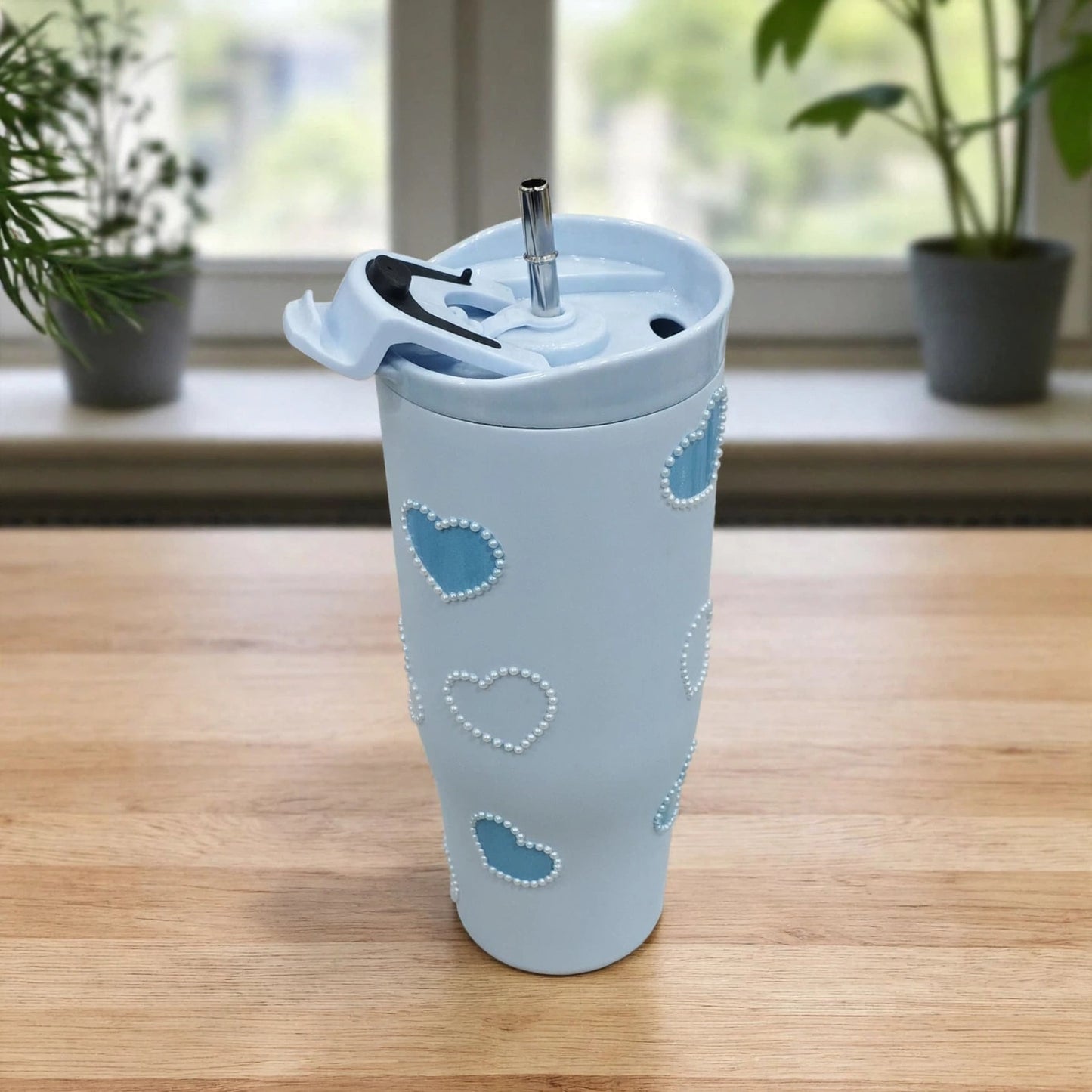 Aesthetic Pastel Blue Pearl Heart 24oz (700ML) Insulated Stainless Steel Tumbler with Straw - Coquette Edition
