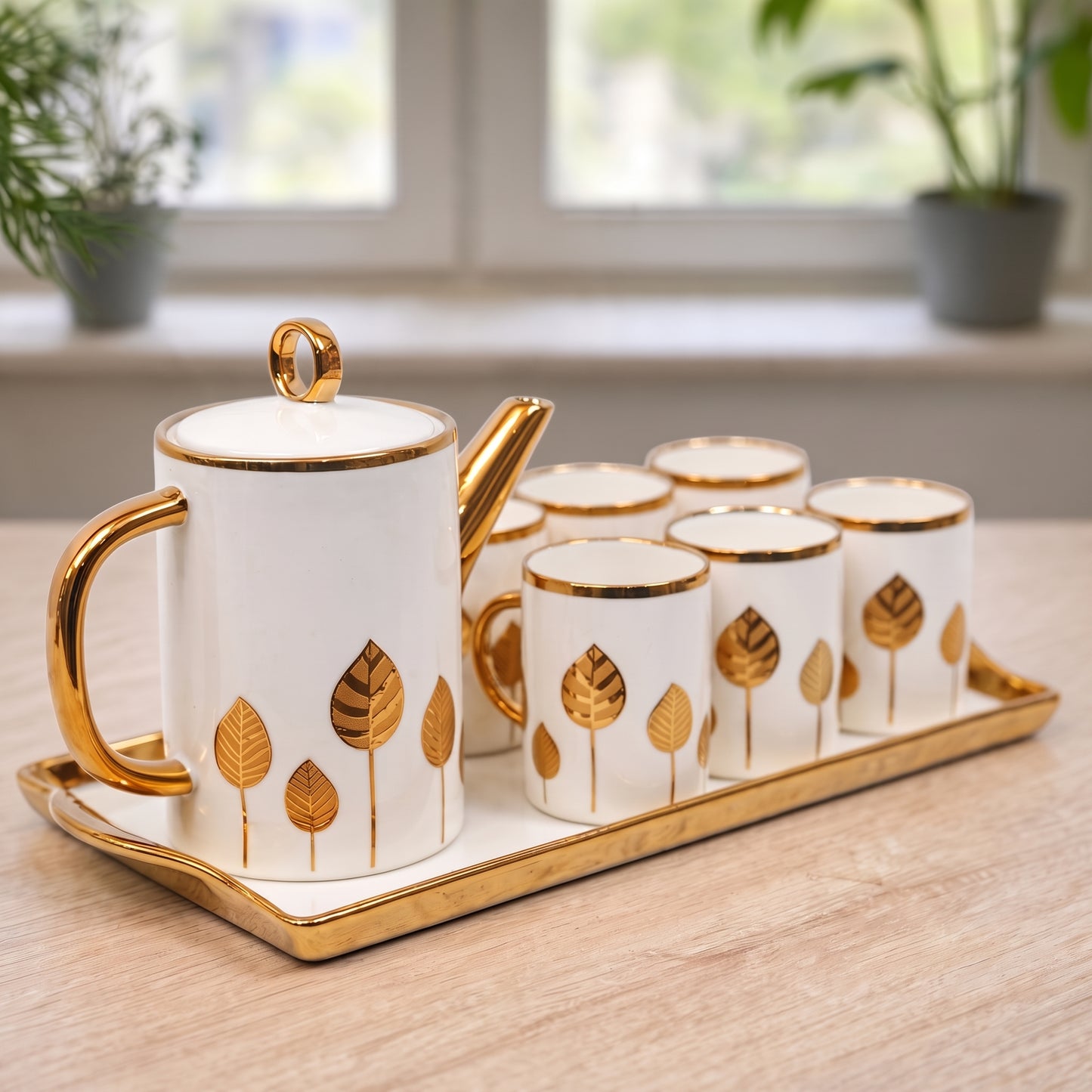 Luxury Golden Leaf Ceramic Tea Set with Matching Serving Tray